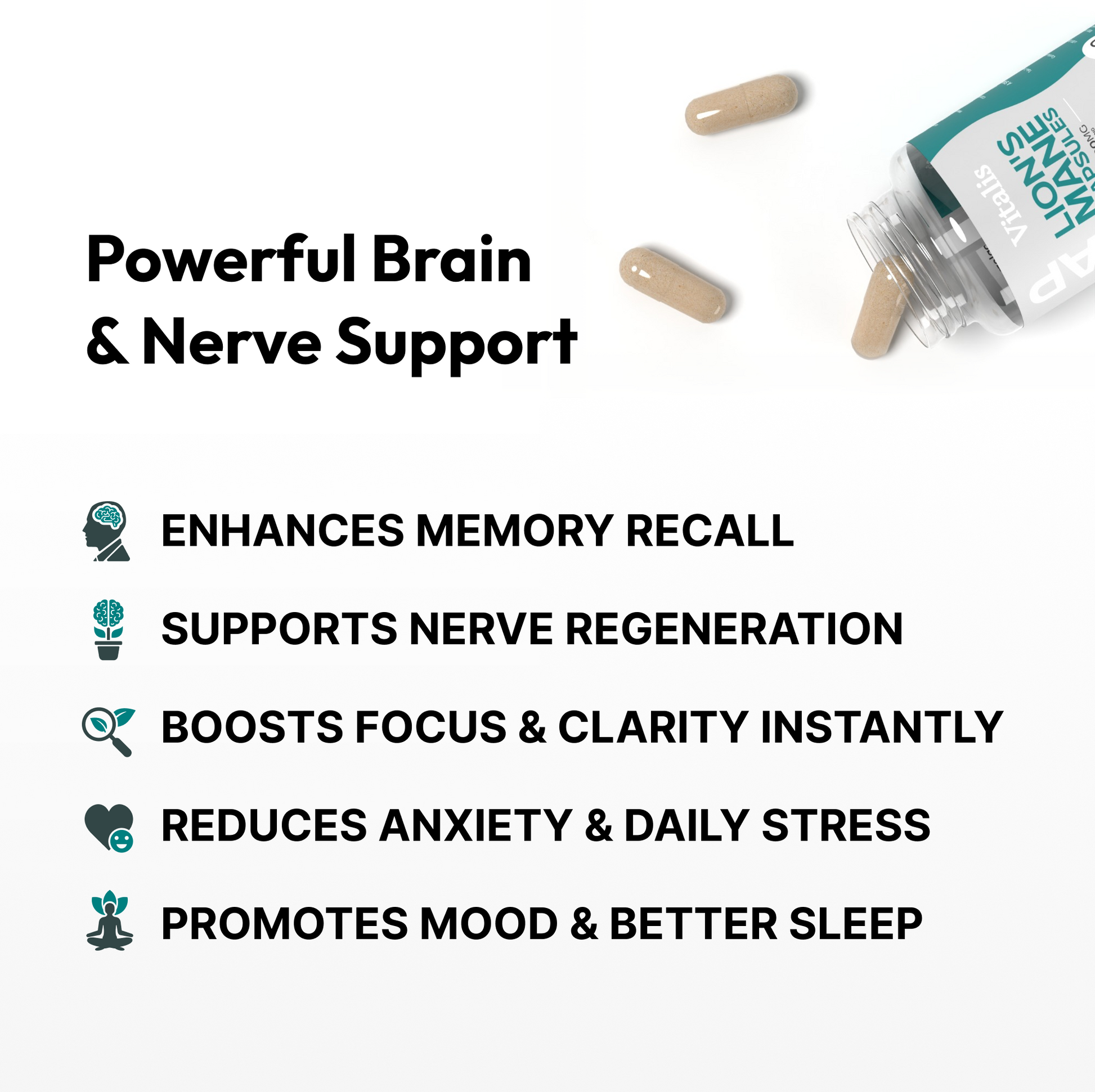 Vitalis Living Lion's Mane Mushroom Capsules promoting brain health, memory recall, nerve regeneration, and stress relief, with better mood and sleep.