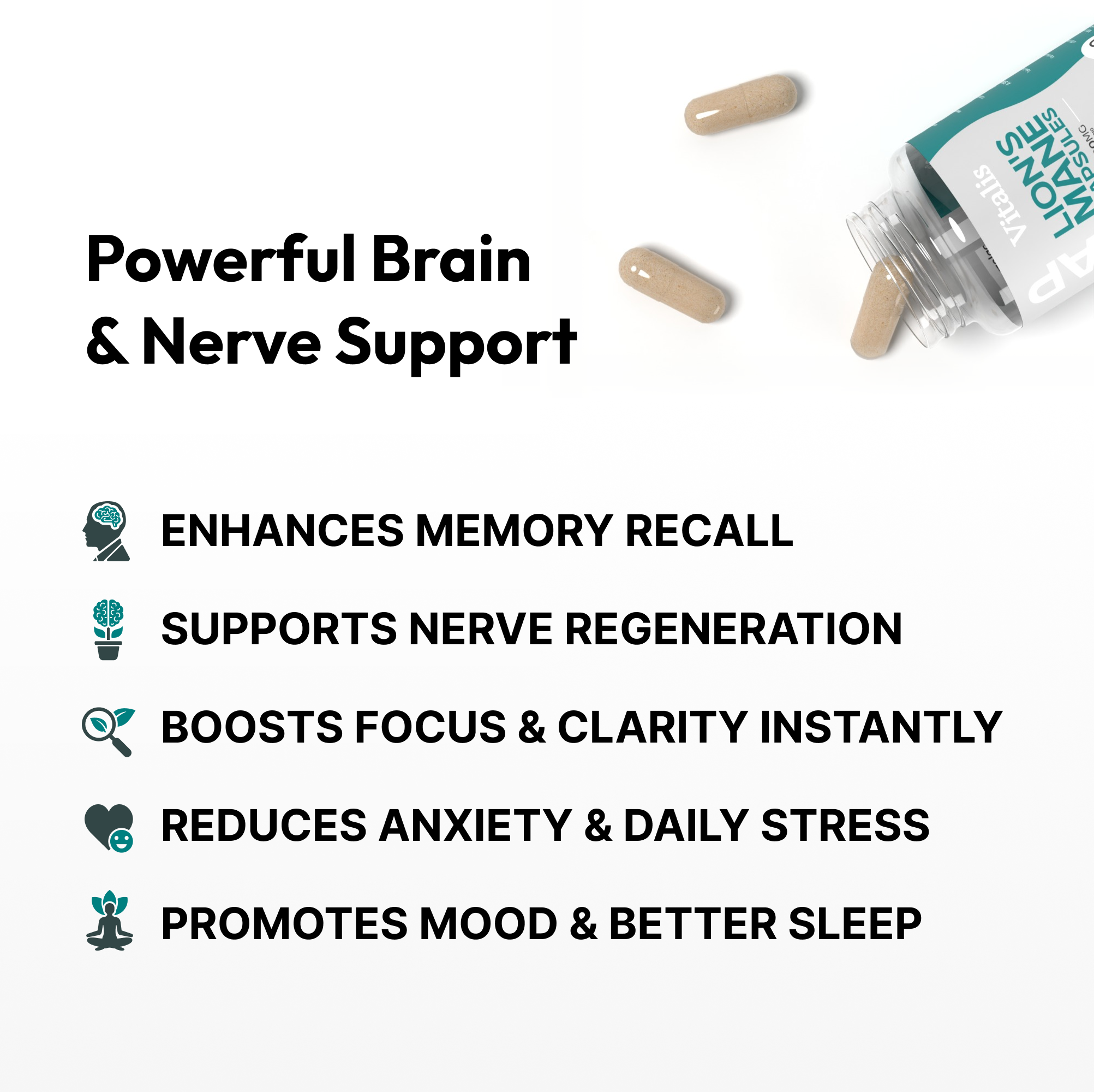 Vitalis Living Lion's Mane Mushroom Capsules promoting brain health, memory recall, nerve regeneration, and stress relief, with better mood and sleep.