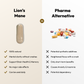Lion's Mane Mushroom capsules vs pharma alternatives, highlighting natural cognitive support, memory boost, and fewer side effects.