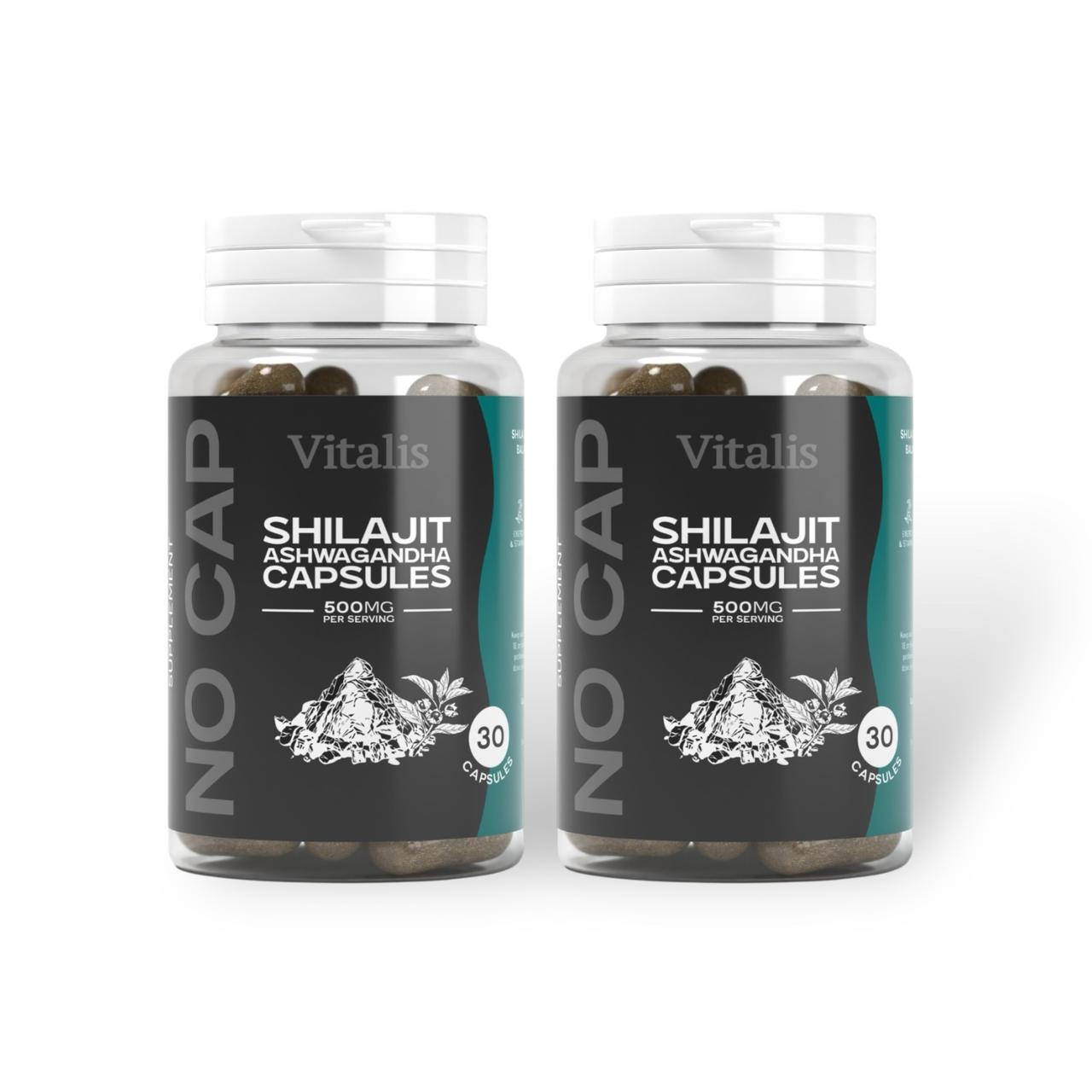 Vitalis Shilajit Ashwagandha capsules in two bottles, each containing 30 capsules of 500mg per serving, for energy and stress support.