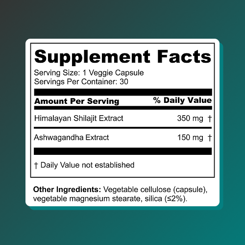 Supplement facts showing serving size, ingredients (Himalayan Shilajit Extract 350mg and Ashwagandha Extract 150mg), and other ingredients listed