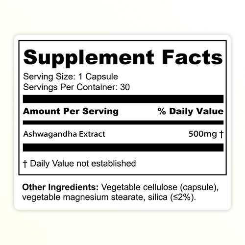 Supplement facts for Vitalis Ashwagandha, with 500mg Ashwagandha extract per capsule, including vegetable cellulose and magnesium stearate