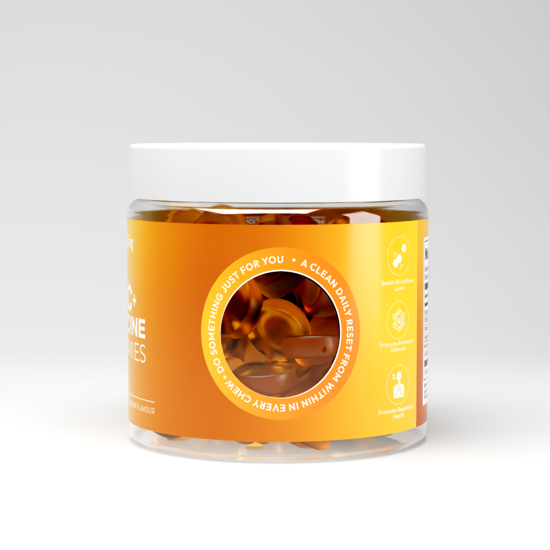 Back view of Vitalis NAC + Glycine gummies jar with orange label, transparent window showing gummies and benefit icons on the side