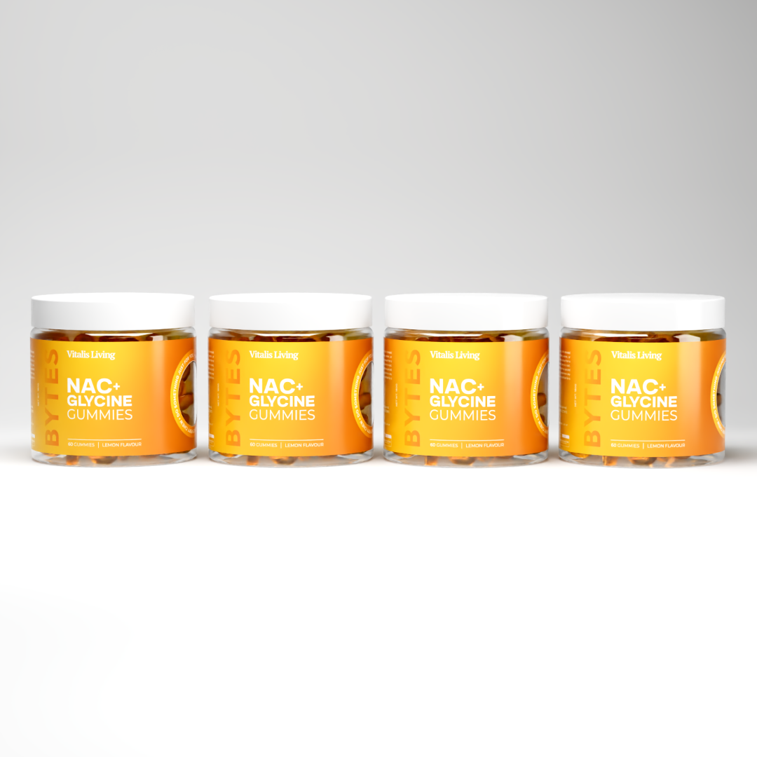 Four Vitalis Living NAC + Glycine Gummies jars, 60 lemon flavour gummies each for glutathione support and cellular detox