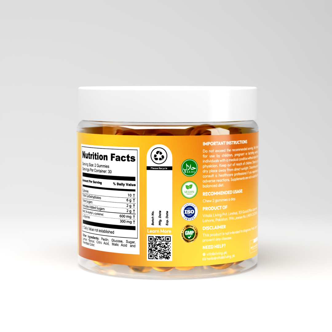 Back view of Vitalis NAC + Glycine gummies jar showing Nutrition Facts, ingredients, QR code and certification icons including Halal and GMP