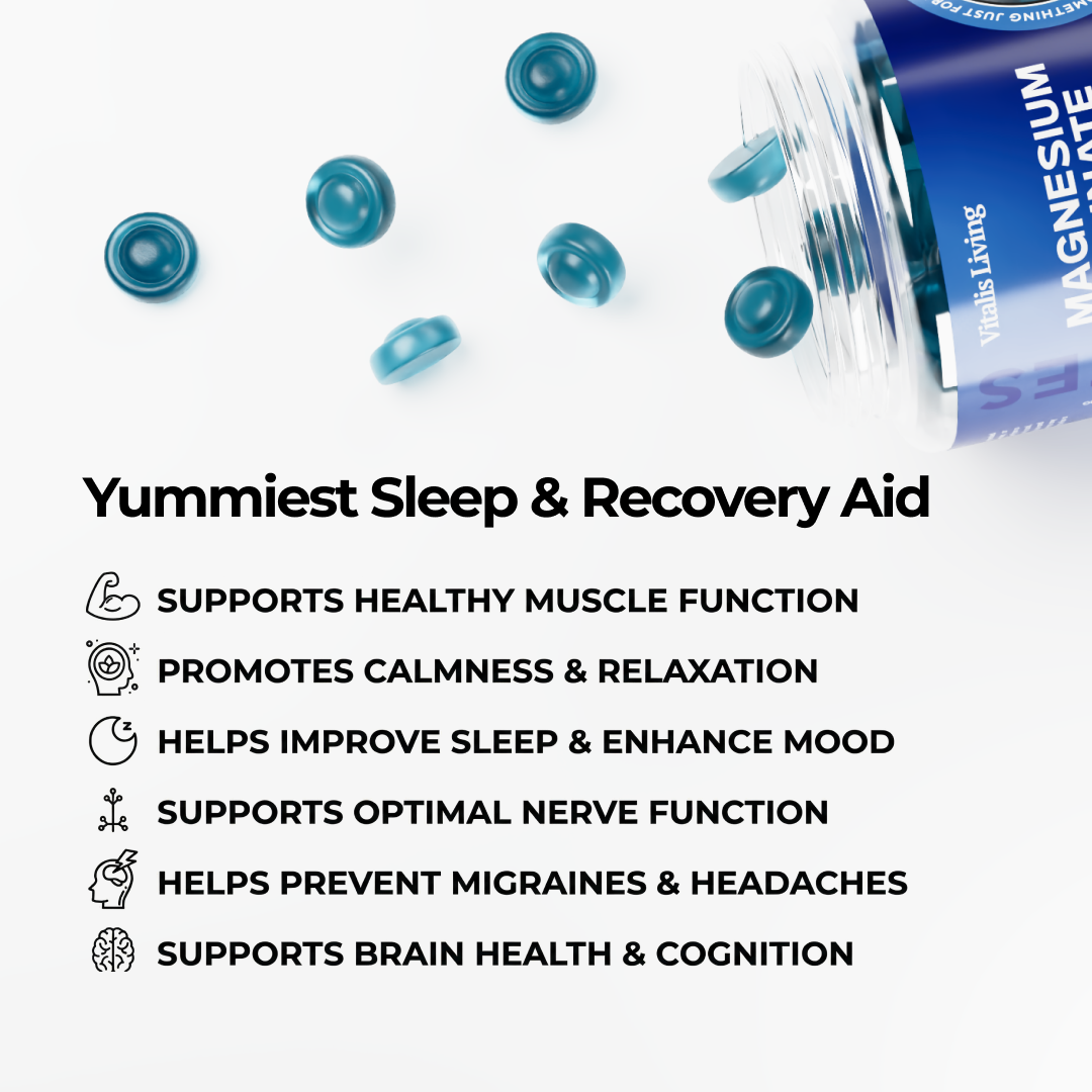 Vitalis Living Magnesium Glycinate Gummies with blueberry flavor, supporting muscle function, relaxation, mood, nerve health, and preventing migraines.
