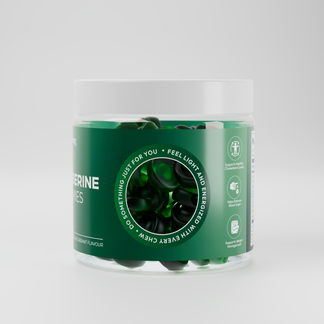 Vitalis Living Berberine Gummies in a jar with 60 gummies, promoting weight management and metabolic health with blackcurrant flavor