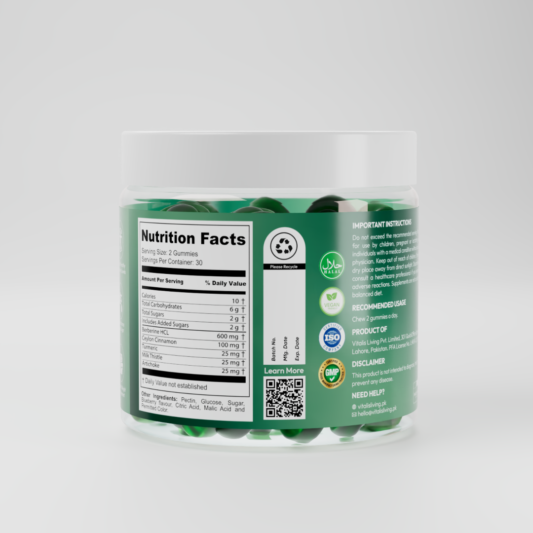 Vitalis Living Berberine Gummies jar showing nutrition facts with 600mg Berberine HCL per serving and details on ingredients and dosage