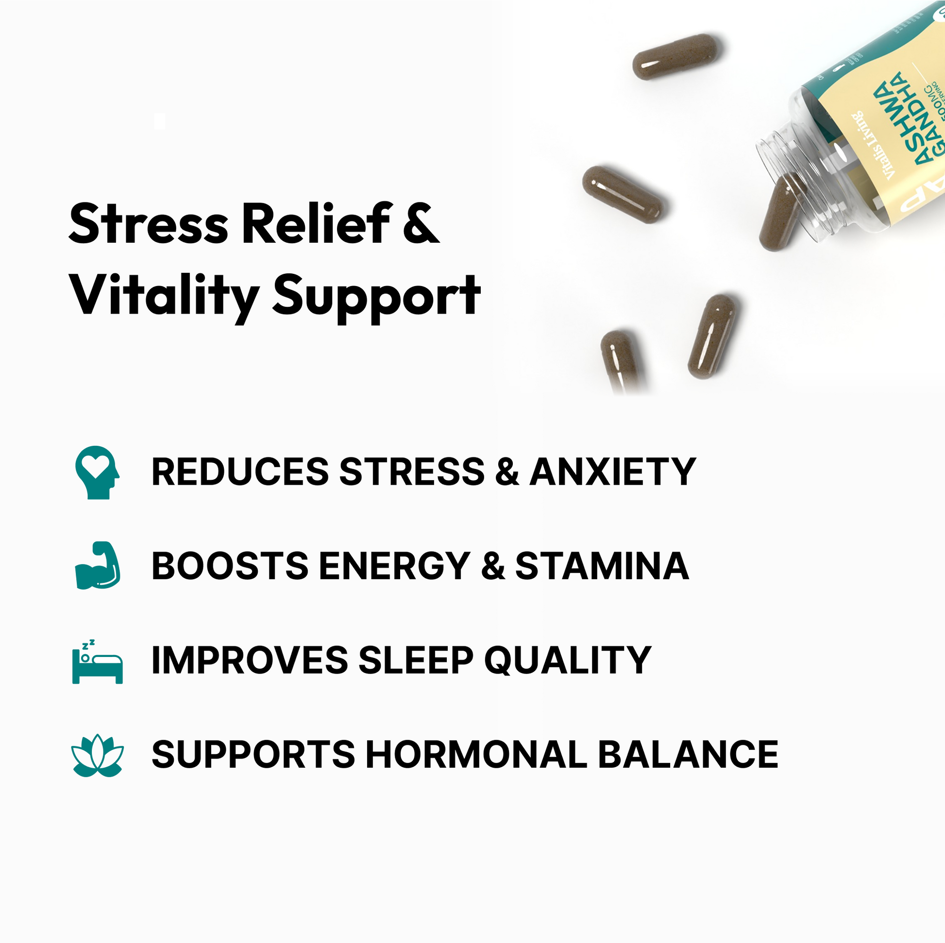 Vitalis Ashwagandha capsules for stress relief and vitality support. Reduces stress, boosts energy, improves sleep, and supports hormonal balance