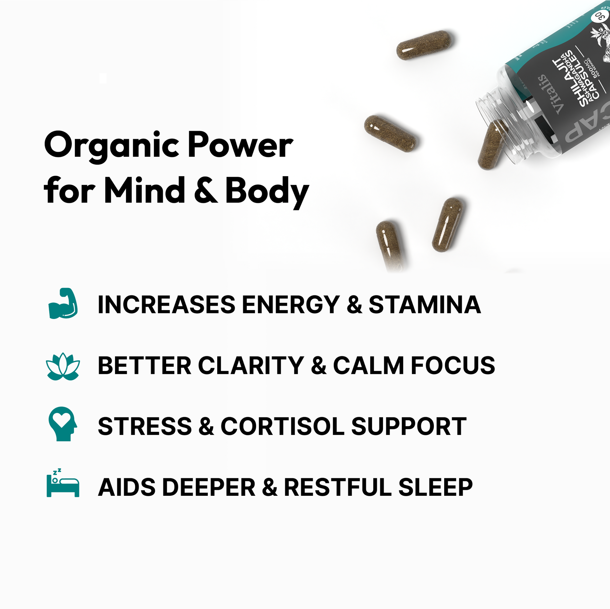 Vitalis Living Organic Power capsules that increase energy, improve focus, reduce stress, and promote restful sleep for both mind and body