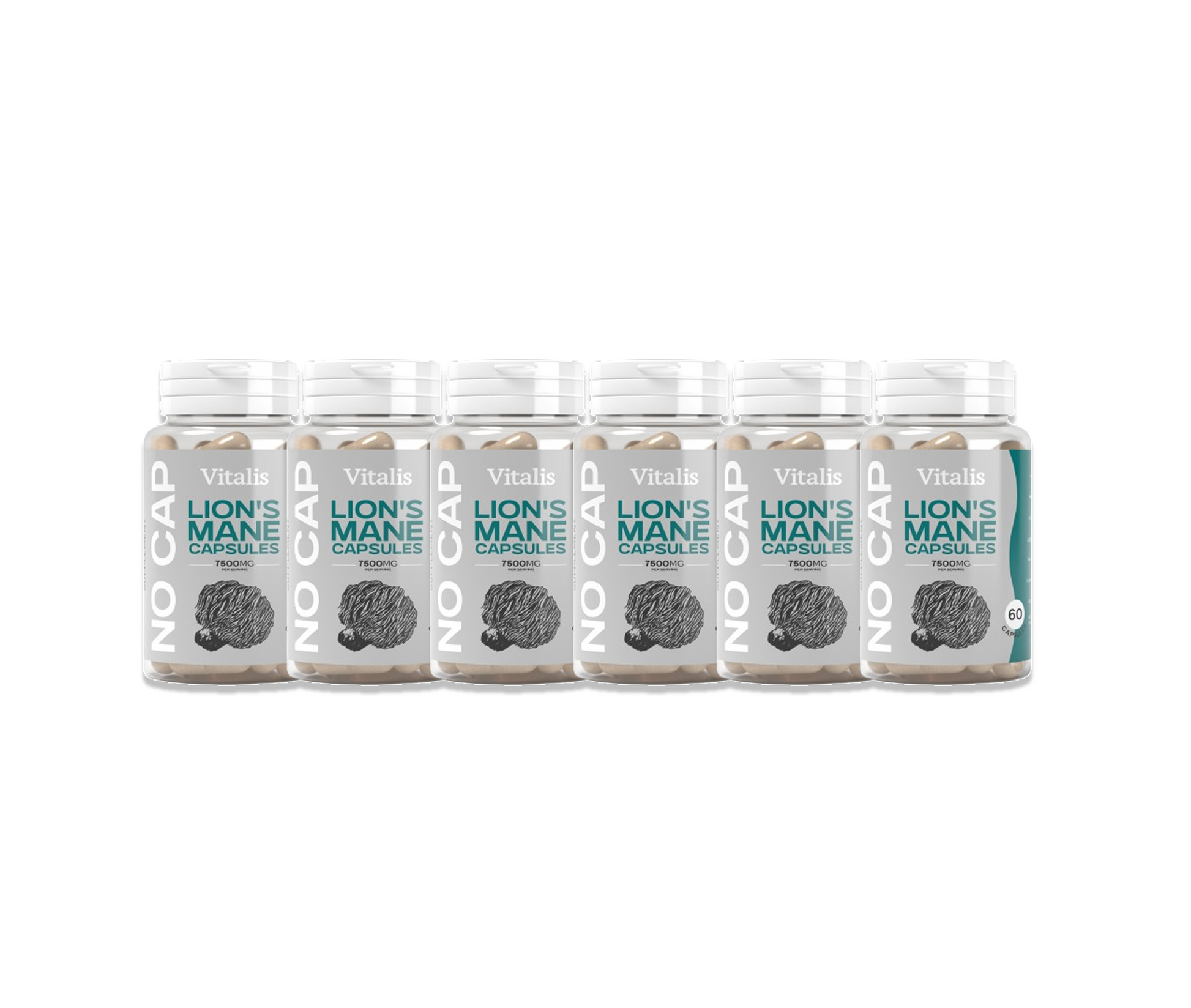 Six bottles of Vitalis Living Lion's Mane Mushroom Capsules (60 count, 15000mg) displayed, promoting cognitive health, focus, and memory enhancement.