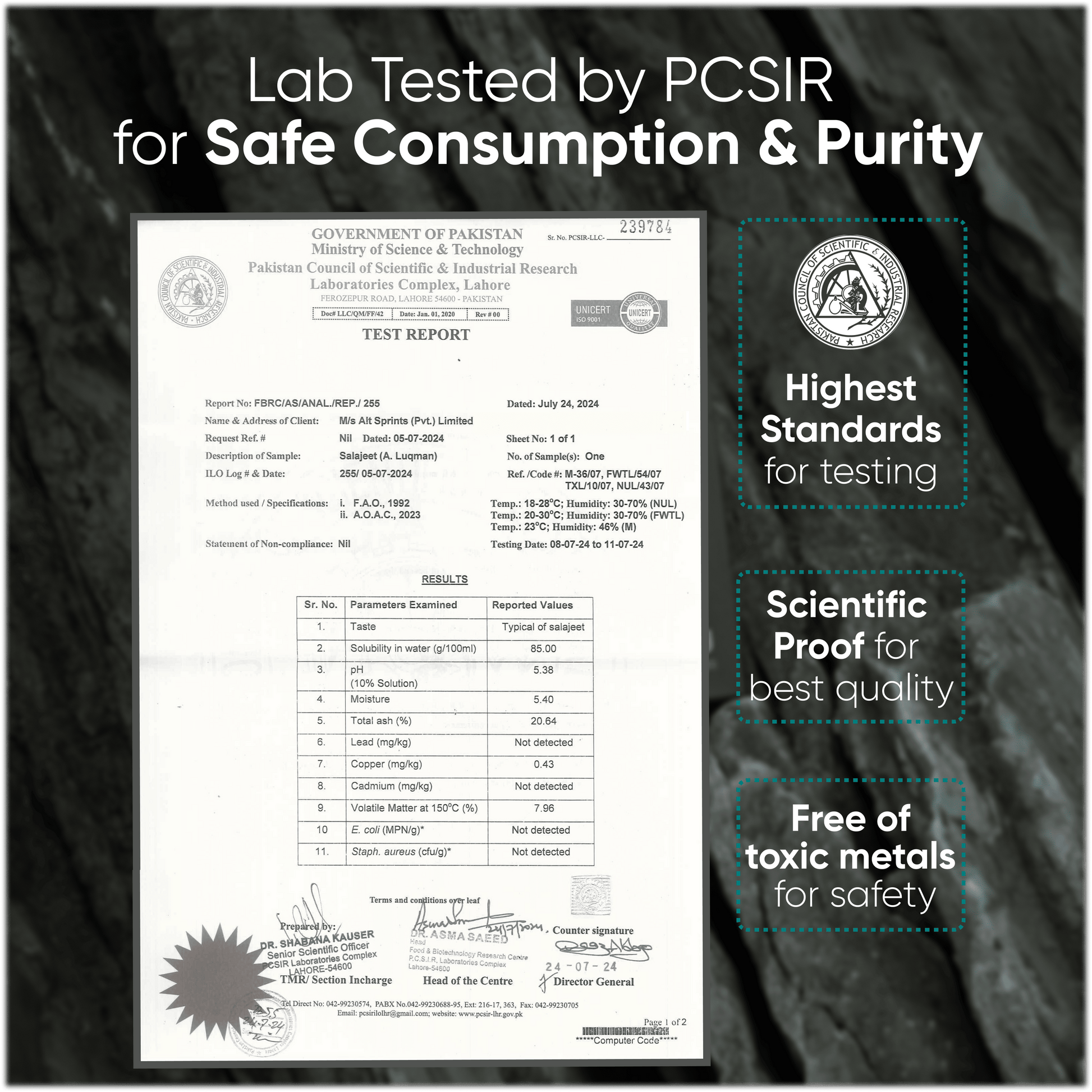 PCSIR lab-tested certificate proving Shilajit’s purity, free from toxic metals, ensuring safety and high standards of quality.
