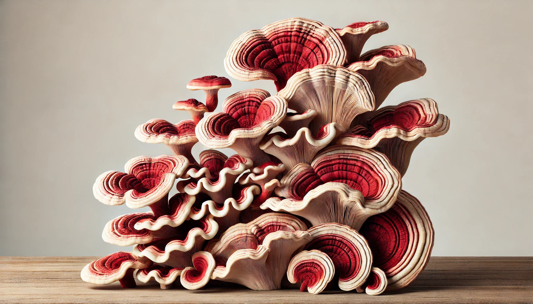 A detailed close-up image of red reishi mushrooms arranged in layers on a wooden surface, similar to an artistic display. The mushrooms are shown with 