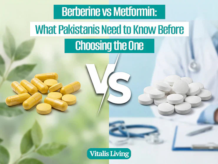 Berberine vs Metformin comparison showing capsules and tablets for diabetes and PCOS treatment in Pakistan