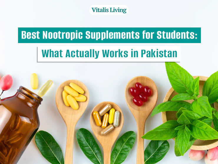 Best nootropic supplements for students in Pakistan, including Lion's Mane, Bacopa monnieri, L-Theanine, and Ashwagandha for memory and focus.