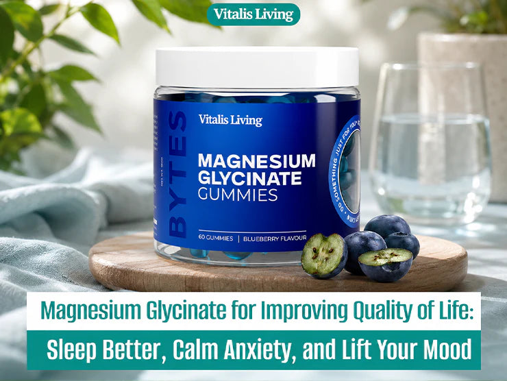 Magnesium glycinate for improving quality of life by supporting better sleep, reducing anxiety, enhancing mood, and promoting daily wellbeing.