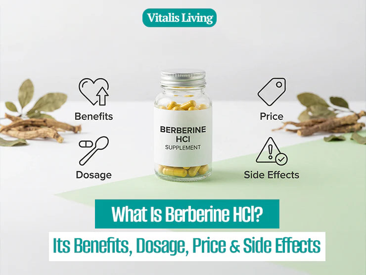 Vitalis Living Berberine HCl supplement bottle showing benefits, dosage, price and side effects