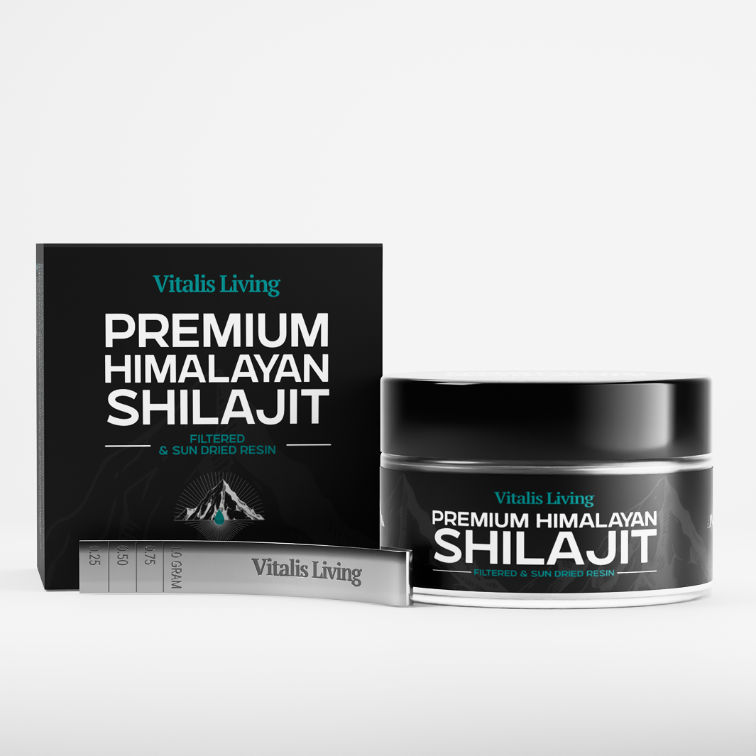 Vitalis Premium Himalayan Shilajit jar with packaging, featuring filtered and sun-dried resin and a measuring scoop for easy use and dosage.