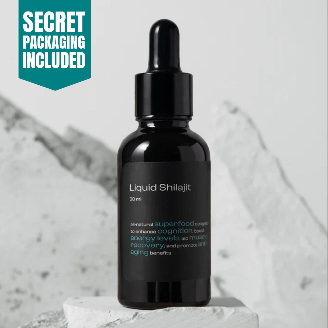 Premium Liquid Shilajit (30 ml) with discreet packaging to enhance energy, cognition, muscle recovery, and provide anti-aging benefits.