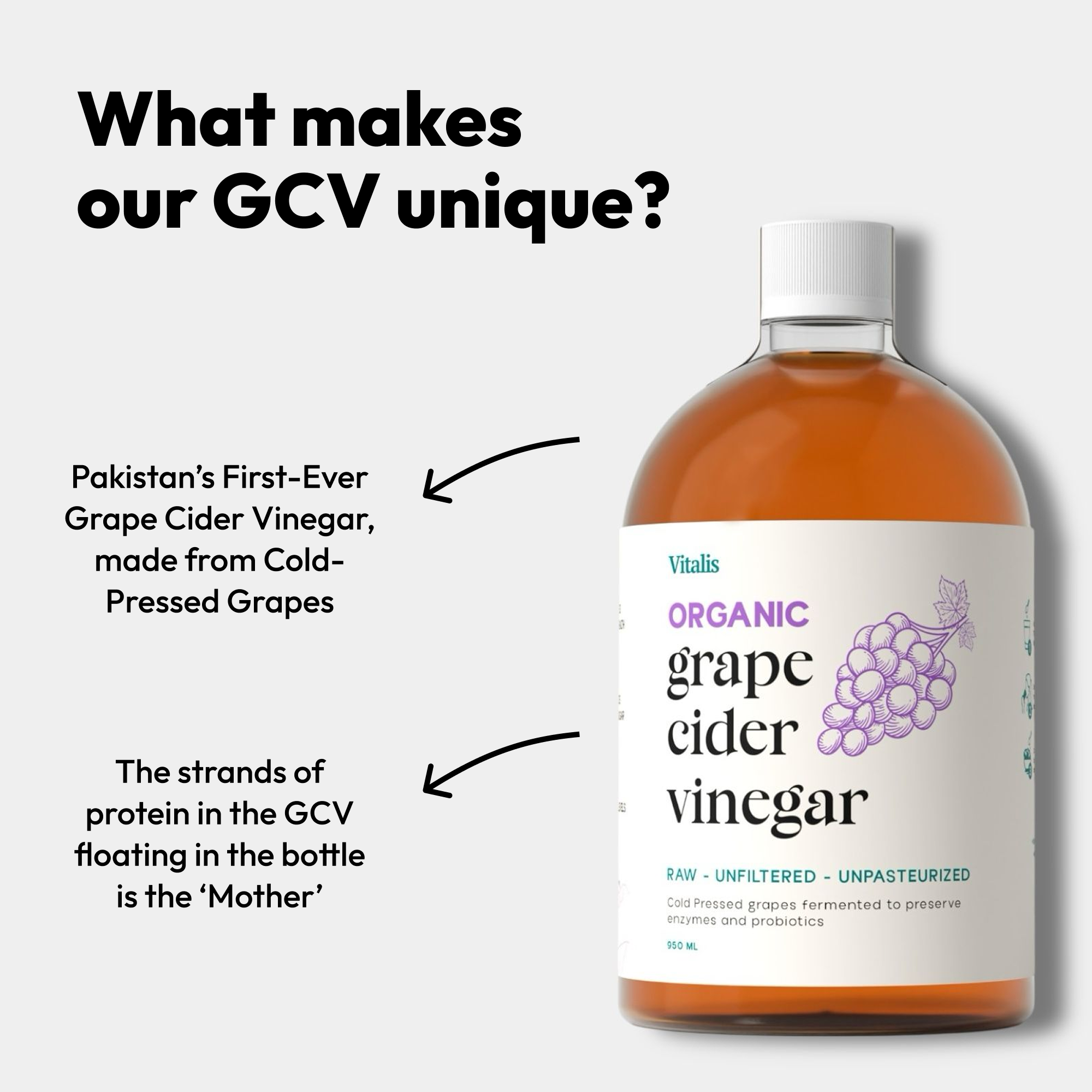 Vitalis Organic Grape Cider Vinegar bottle highlighting Pakistan’s first cold-pressed GCV with raw, unfiltered ‘mother’ strands visible.