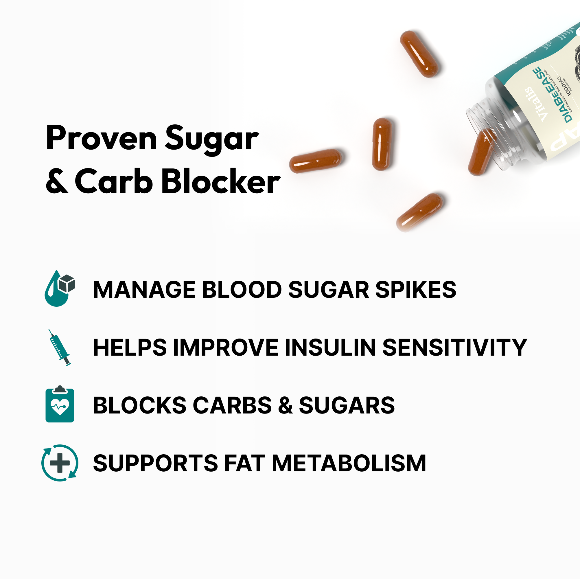 DiabeEase capsules for sugar and carb blocking, supporting blood sugar control, insulin sensitivity and healthy fat metabolism