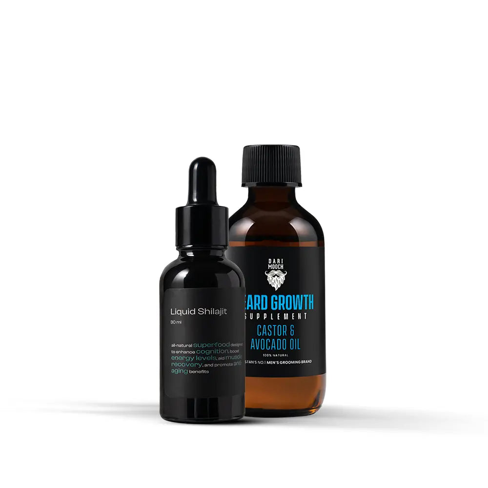 Beard Growth Essentials bundle with 30ml Liquid Shilajit dropper and Dari Mooch Castor & Avocado Oil for thicker, stronger beard growth