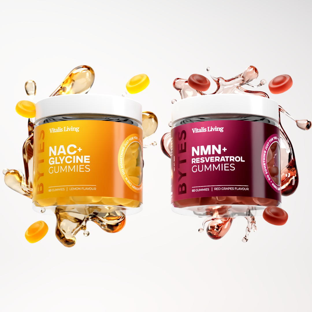 Longevity Stack: GlyNAC (NAC + Glycine) and NMN + Resveratrol gummies, each with 60 gummies in lemon and red grape flavors.