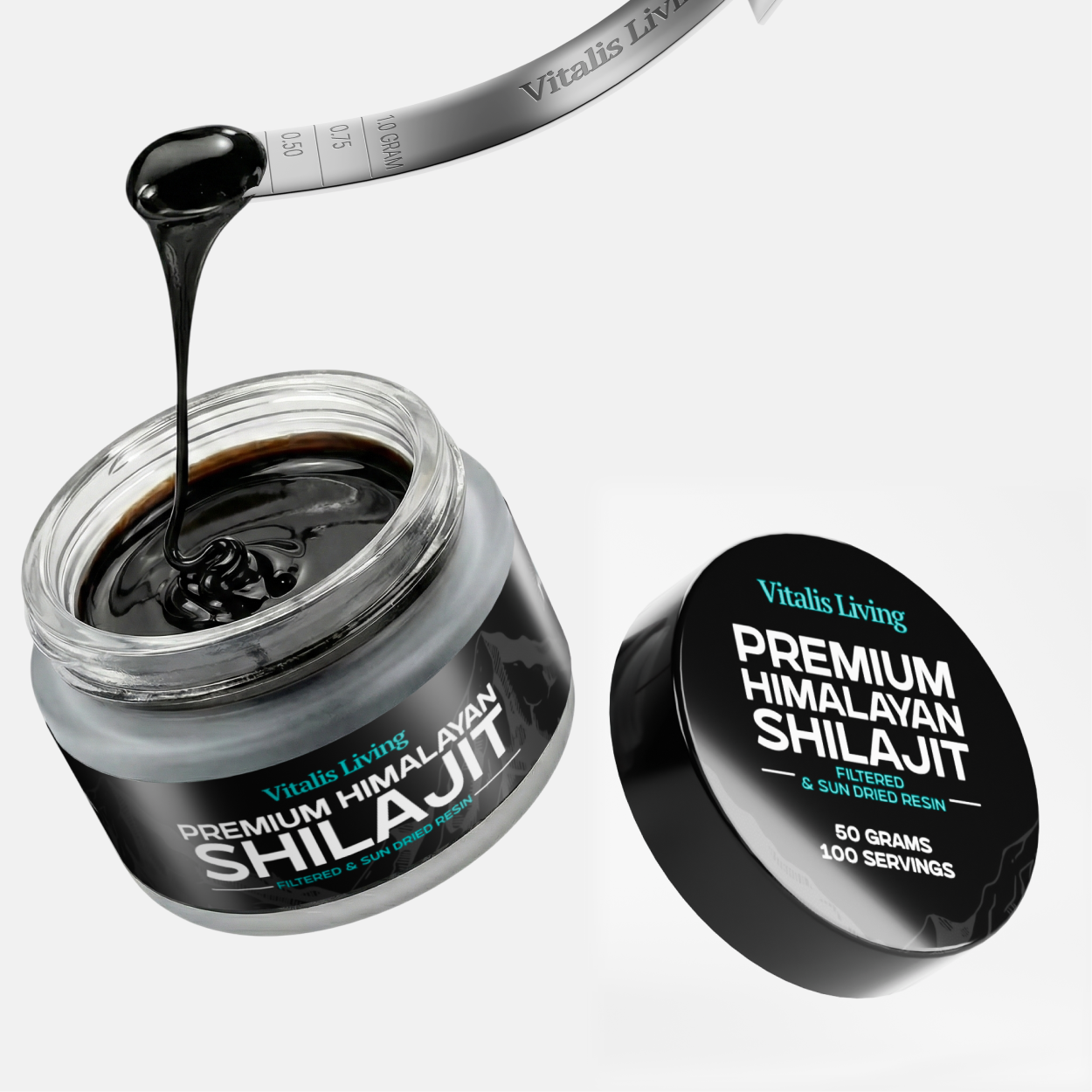 Two jars of Vitalis Premium Himalayan Shilajit with one pouring resin, showing the product's natural and filtered quality