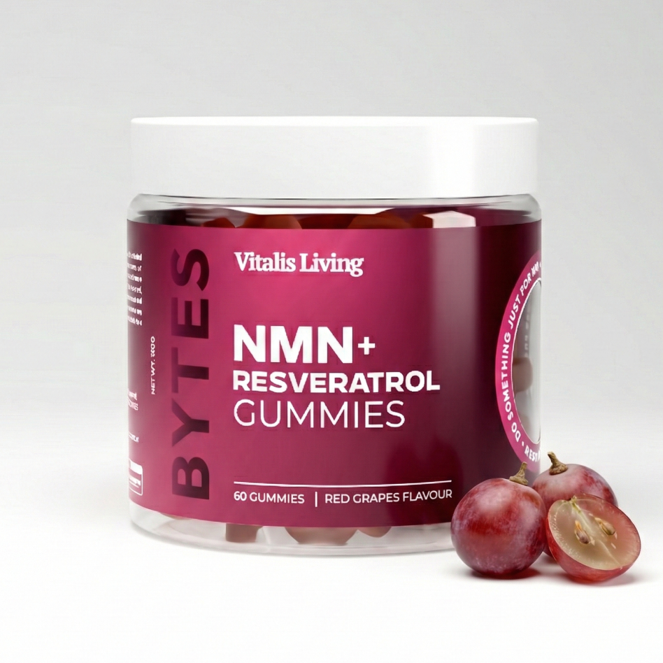 Vitalis Living NMN + Resveratrol Gummies, 60 gummies in red grape flavor, in a container with fresh grapes beside it