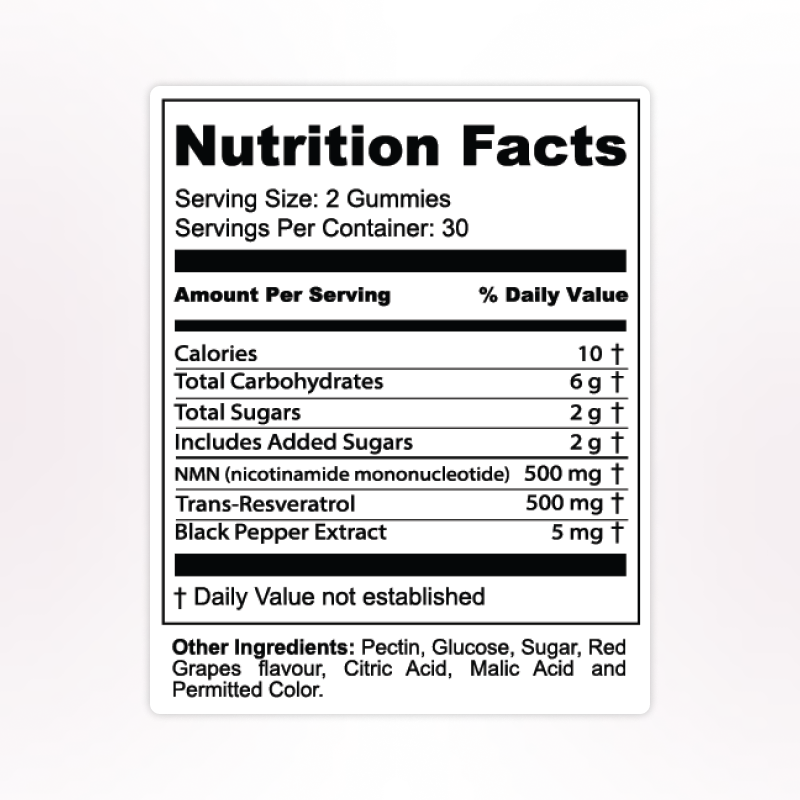 Nutrition facts for NMN + Resveratrol gummies: 10 calories, 6g carbs, 2g sugars, 500mg NMN, 500mg Resveratrol per serving.