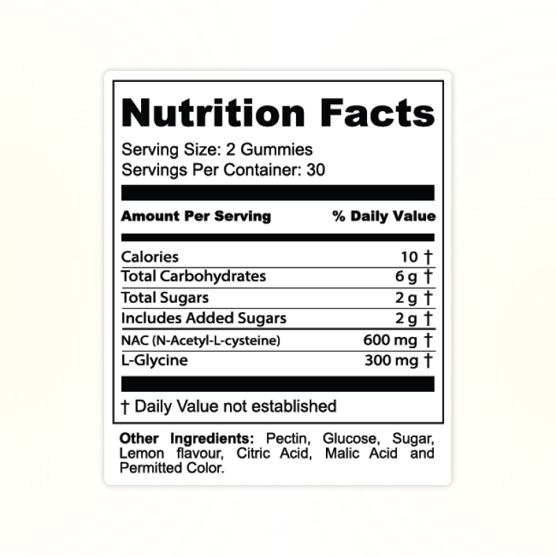Nutrition Facts label for NAC + Glycine gummies showing 600mg NAC, 300mg L-Glycine, 2g sugars and 10 calories per serving