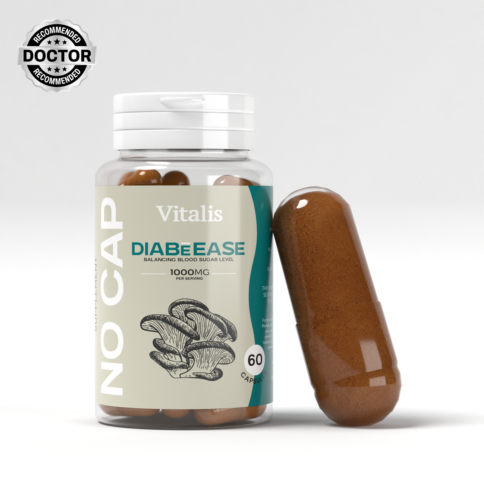 Vitalis DiabeEase 1000mg capsules bottle with mushroom extract for blood sugar management, 60 capsules, doctor recommended supplement