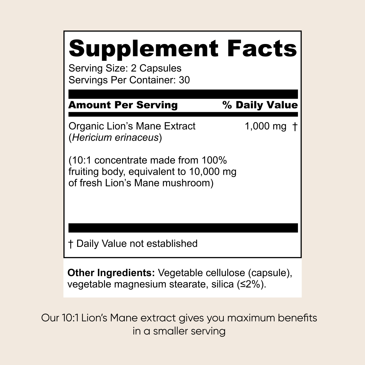 Supplement facts for Vitalis Living Lion's Mane Mushroom capsules, showing 1000mg of extract equivalent to 10,000mg of fresh mushroom per serving.